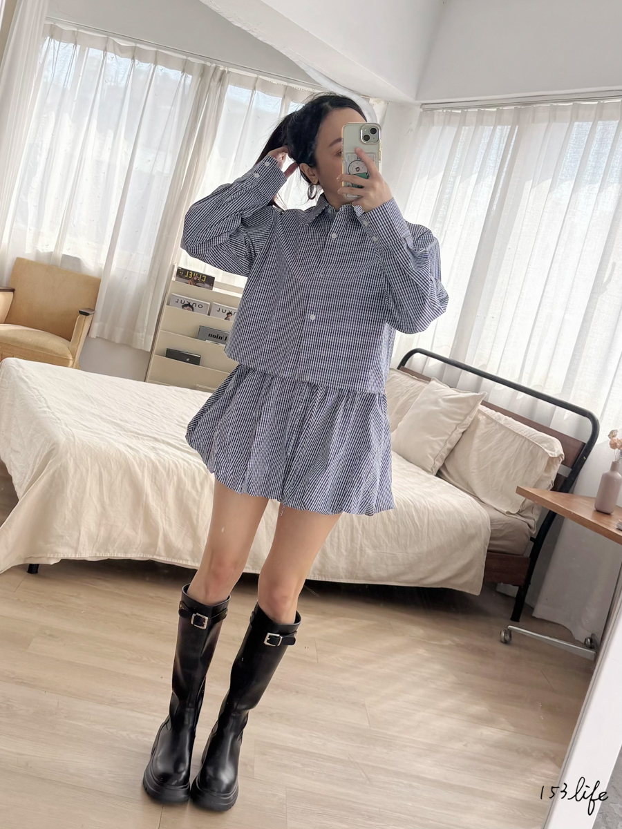 |現貨|格紋短版長袖襯衫+鬆緊花苞褲(藍)