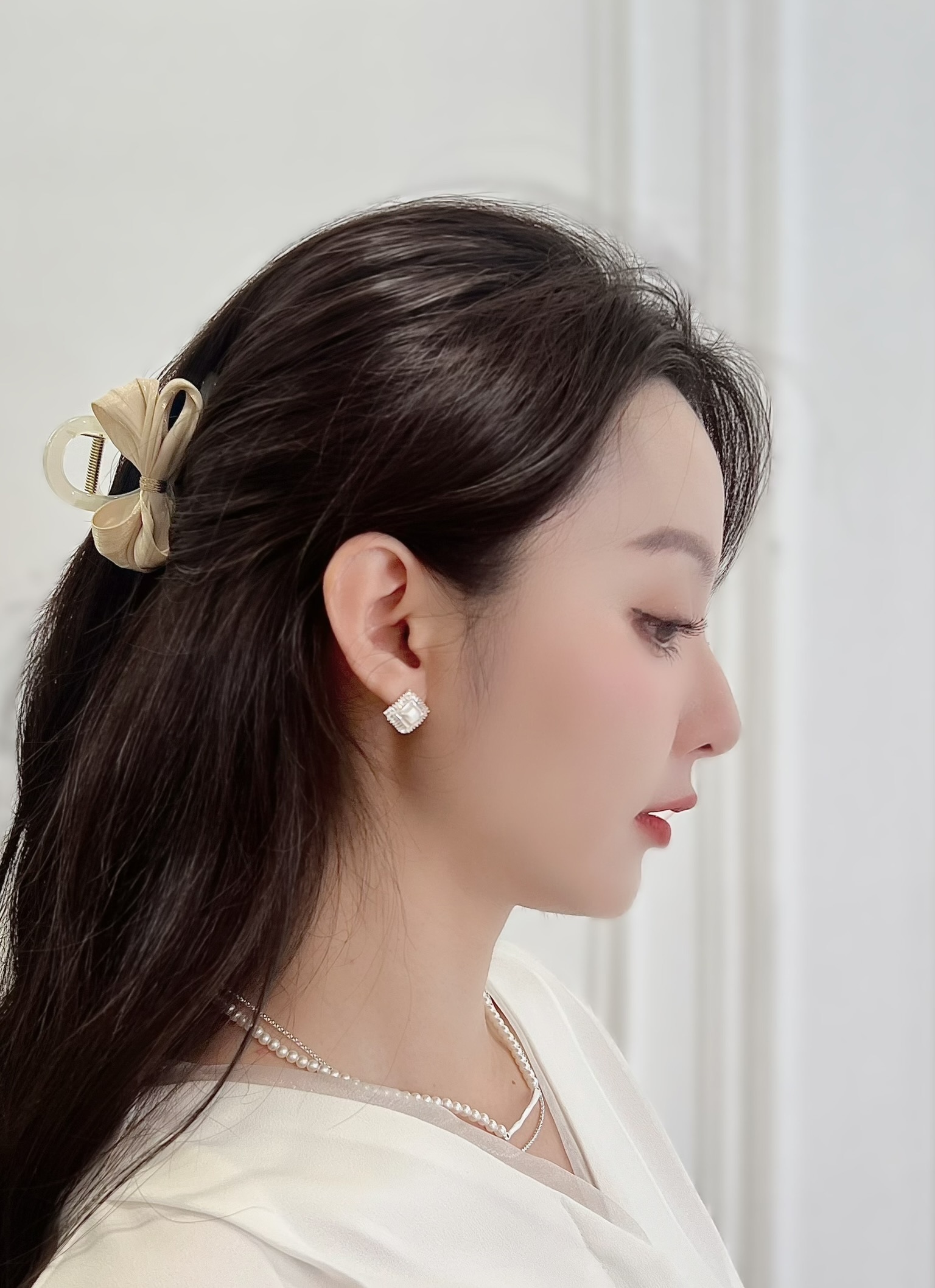 珍珠鑽菱格耳環