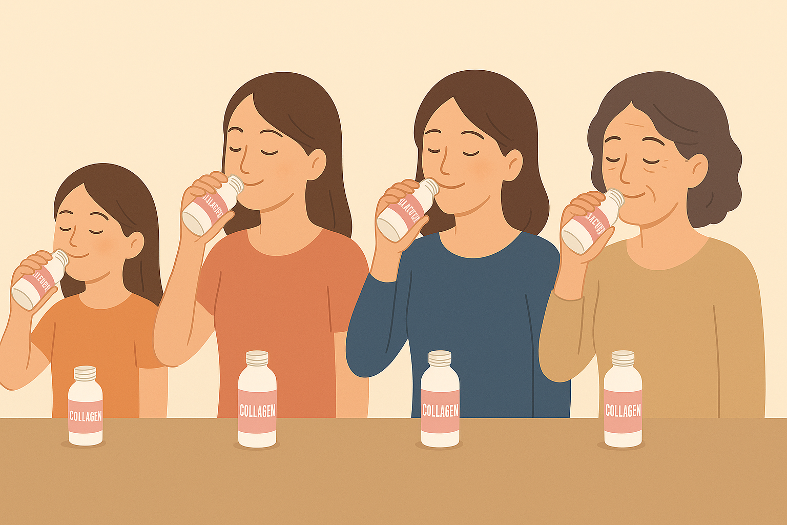 不同年齡女性飲用膠原蛋白的情境示意圖,呈現吃膠原蛋白有效嗎的族群差異。