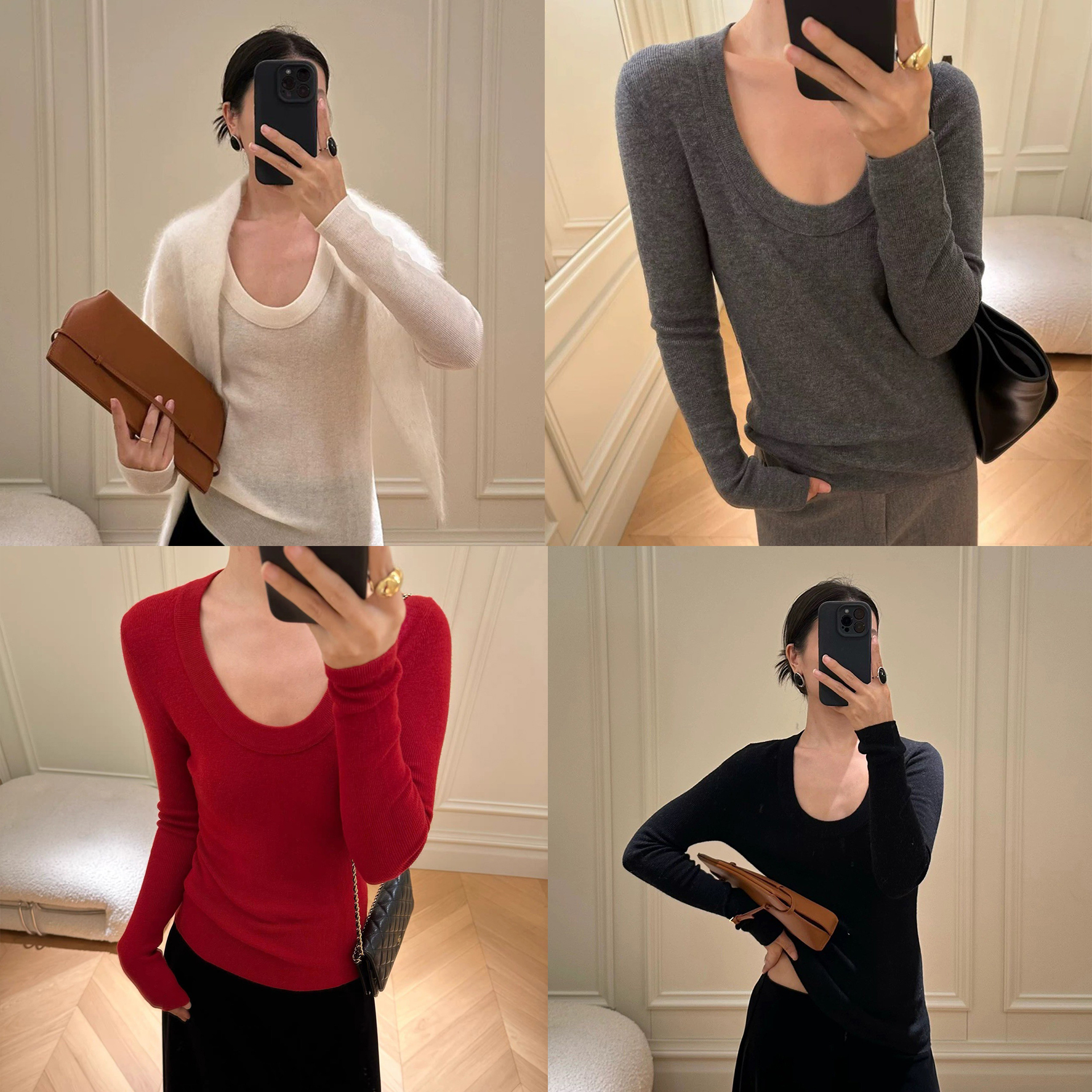 經典百搭彈力螺紋大圓領長袖上衣-F / 6色 (Elegant & Love)