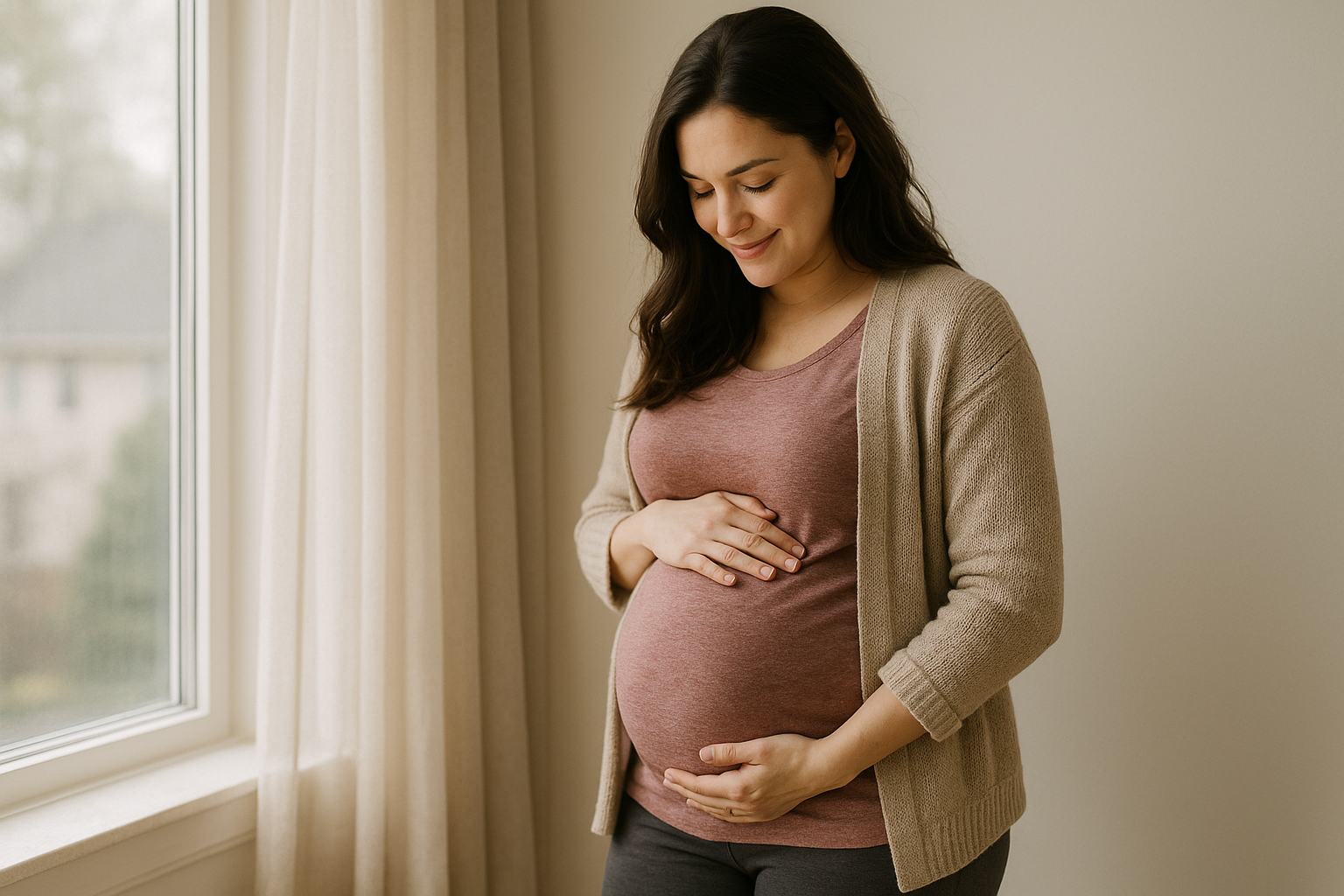 懷孕中的女性溫柔撫摸孕肚,象徵孕期族群的膠原蛋白營養需求與補充重點,呼應主題『不同年齡層吃膠原蛋白有效嗎』的族群區分說明。