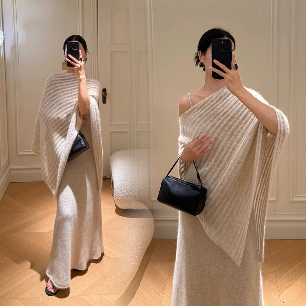 溫柔女子織紋感披肩+細肩帶長洋裝SET-S-M / 2色 (Elegant & Love)