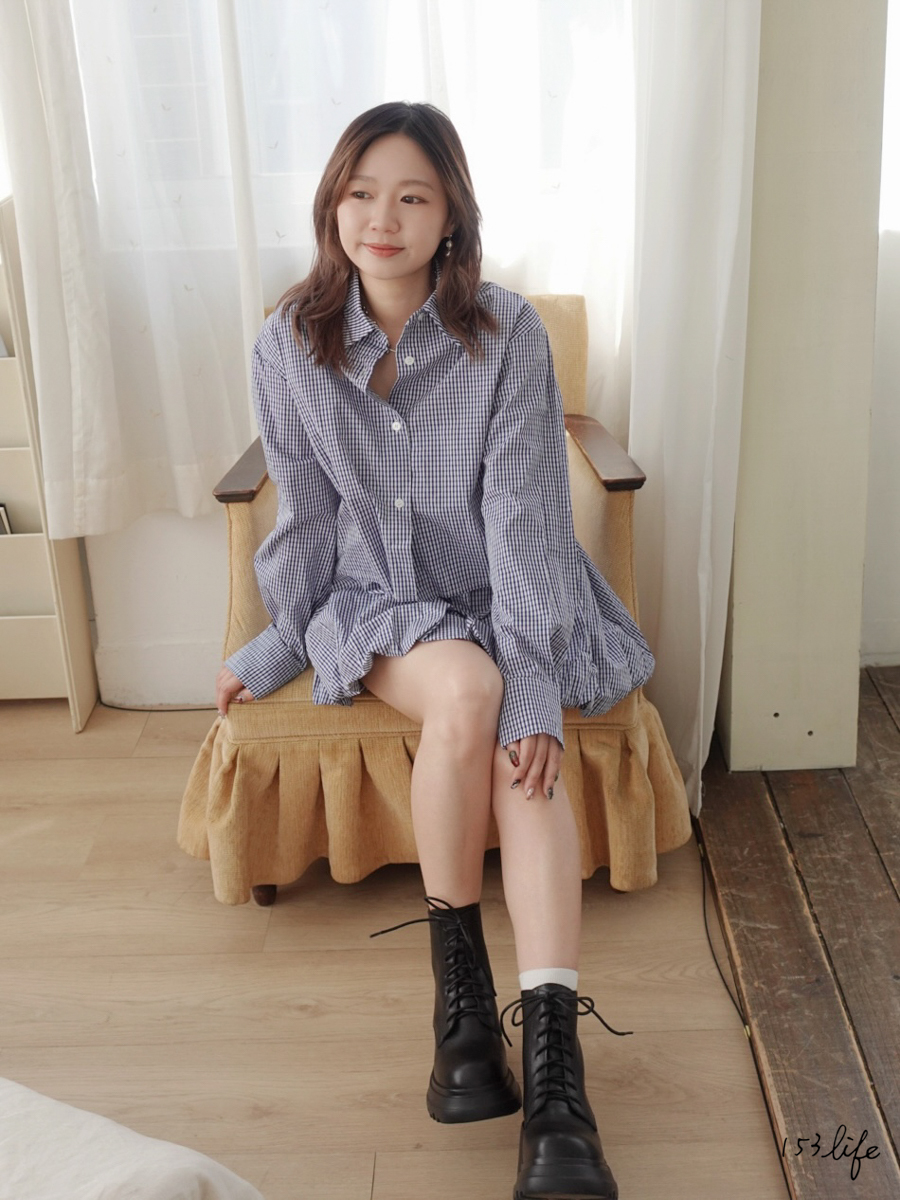 |現貨|格紋短版長袖襯衫+鬆緊花苞褲(藍)
