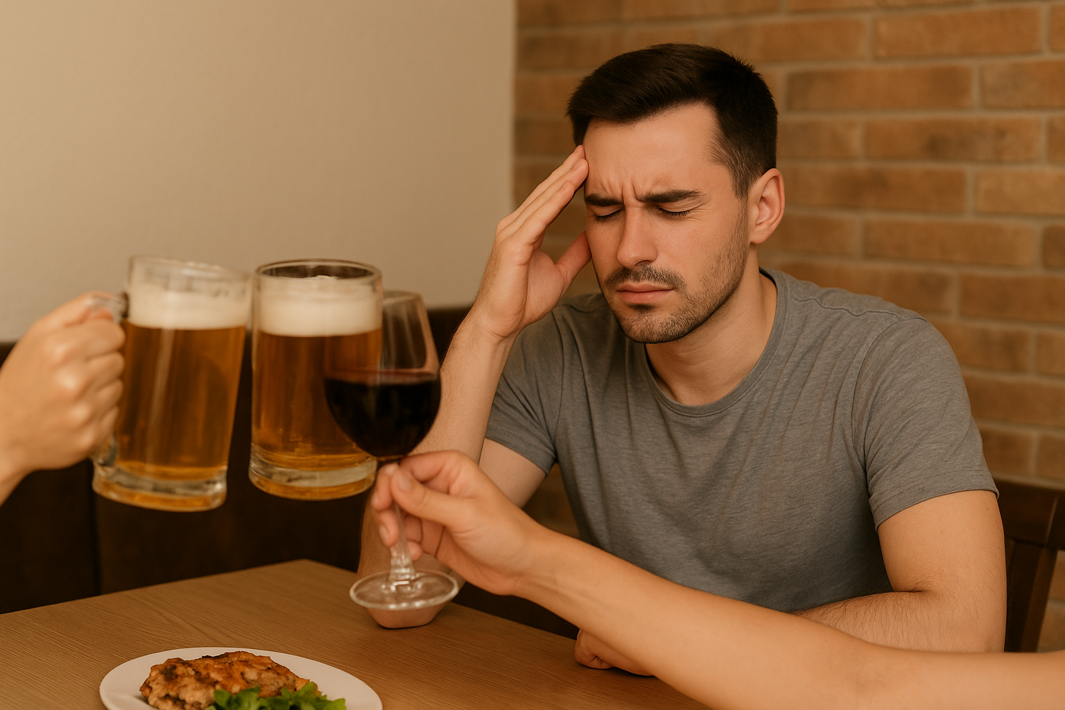 (一名男子在應酬喝酒後感到宿醉頭痛,用手扶著額頭露出不適表情,呈現宿醉頭痛怎麼辦的情境示意圖。