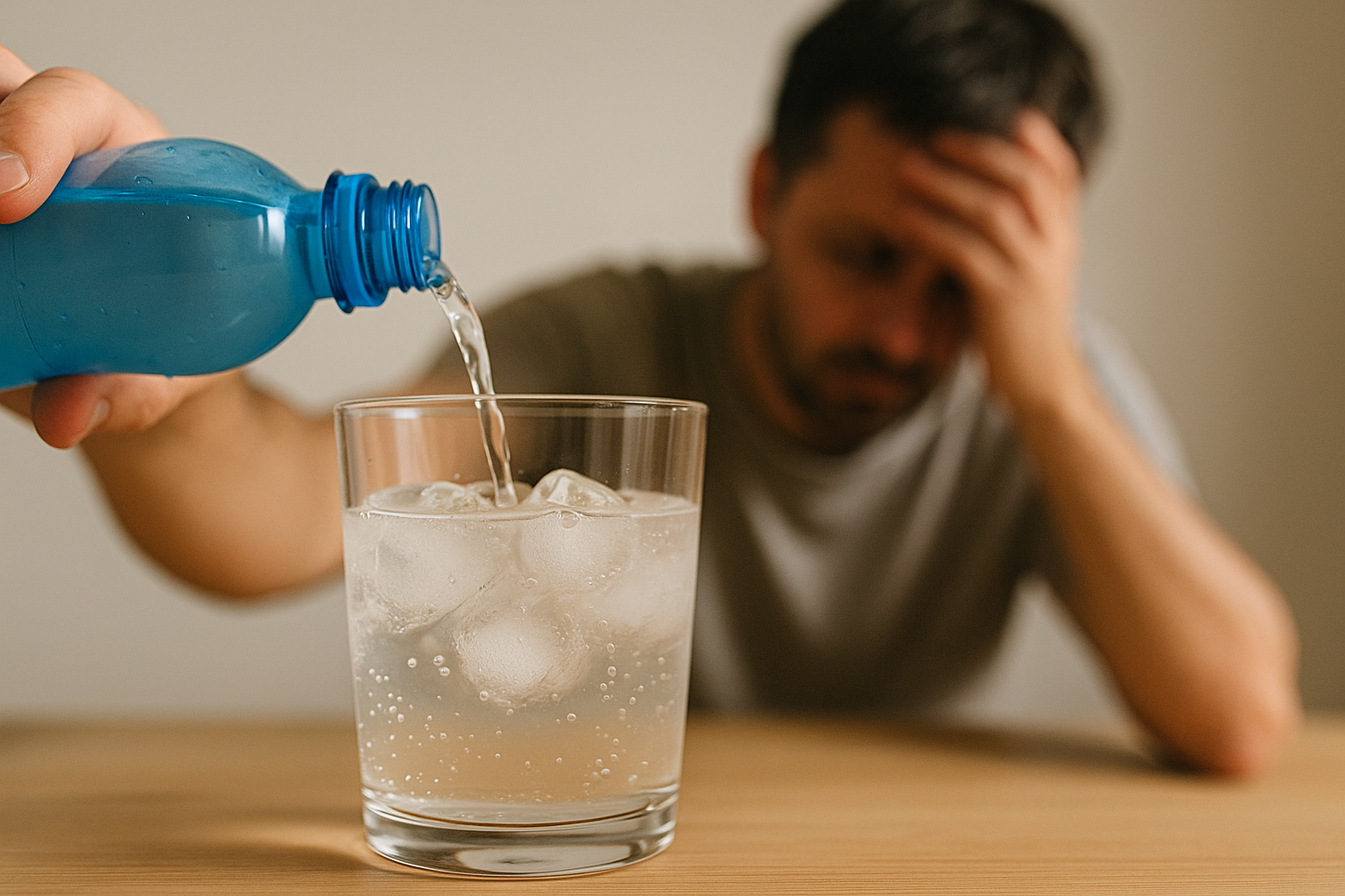 宿醉頭痛的男性坐在桌前,倒水準備補充水分與電解質,呈現酒後脫水與頭痛的情境,呼應主題『宿醉頭痛怎麼辦』與預防重點。
