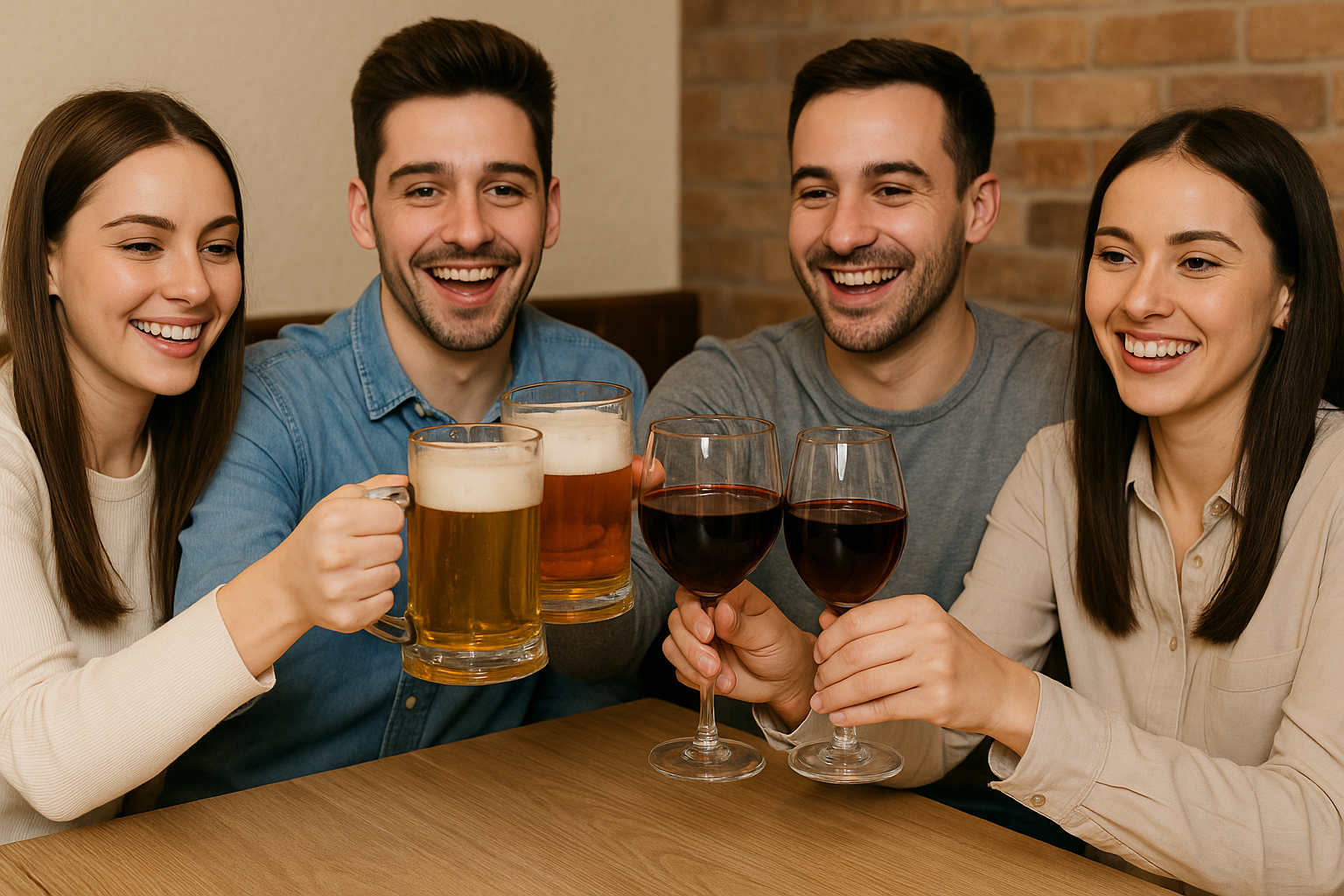 四位朋友在餐廳舉杯喝酒開心應酬,展現聚餐喝酒情境,對應主題『每次應酬都宿醉頭痛怎麼辦』與酒前預防觀念。