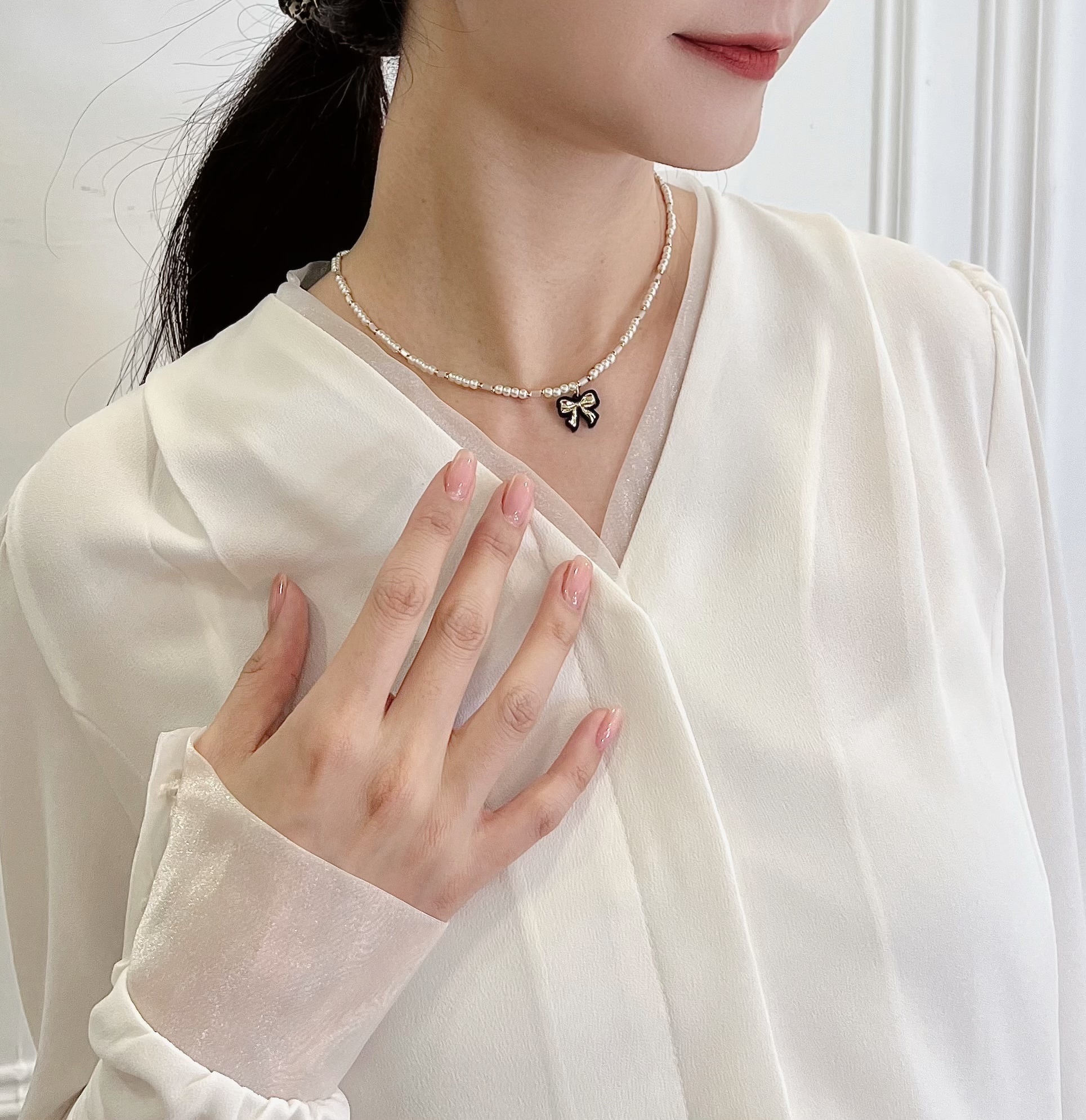 珍珠金屬蝴蝶結項鍊