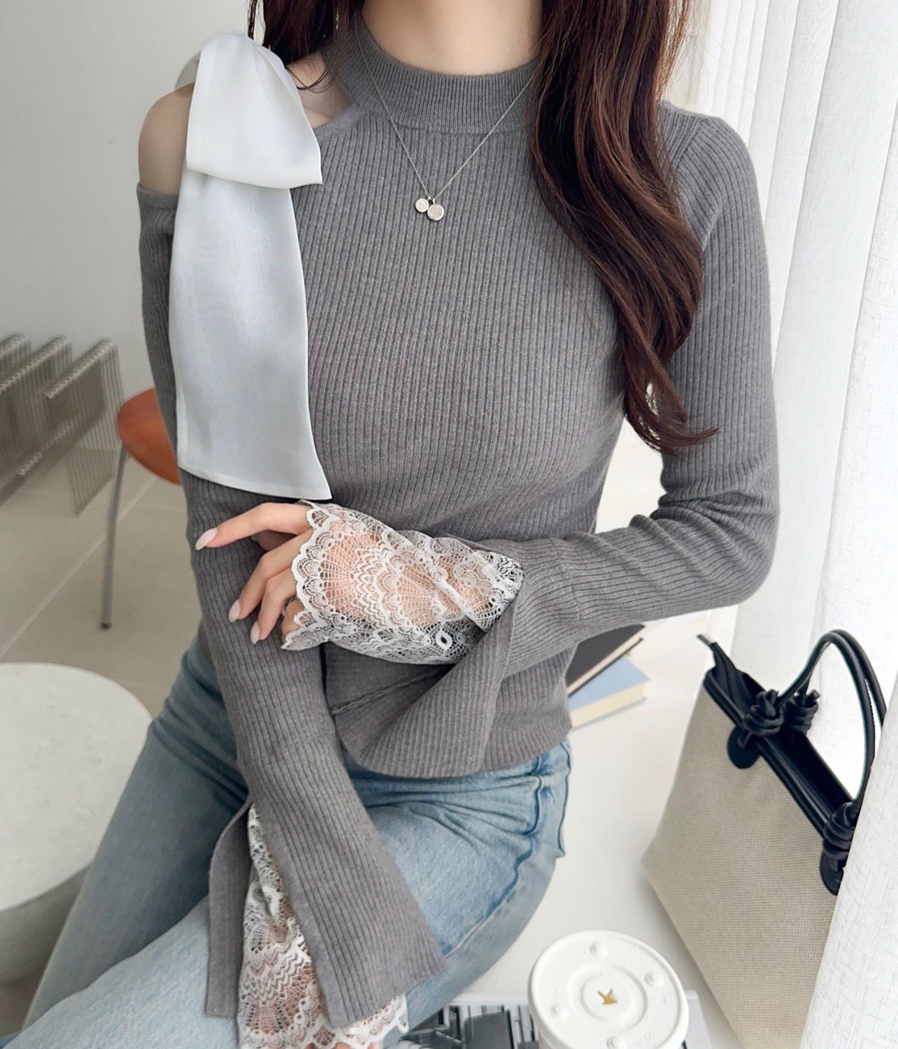 【預購】JN101711 mily bilet 雪紡緞帶針織上衣