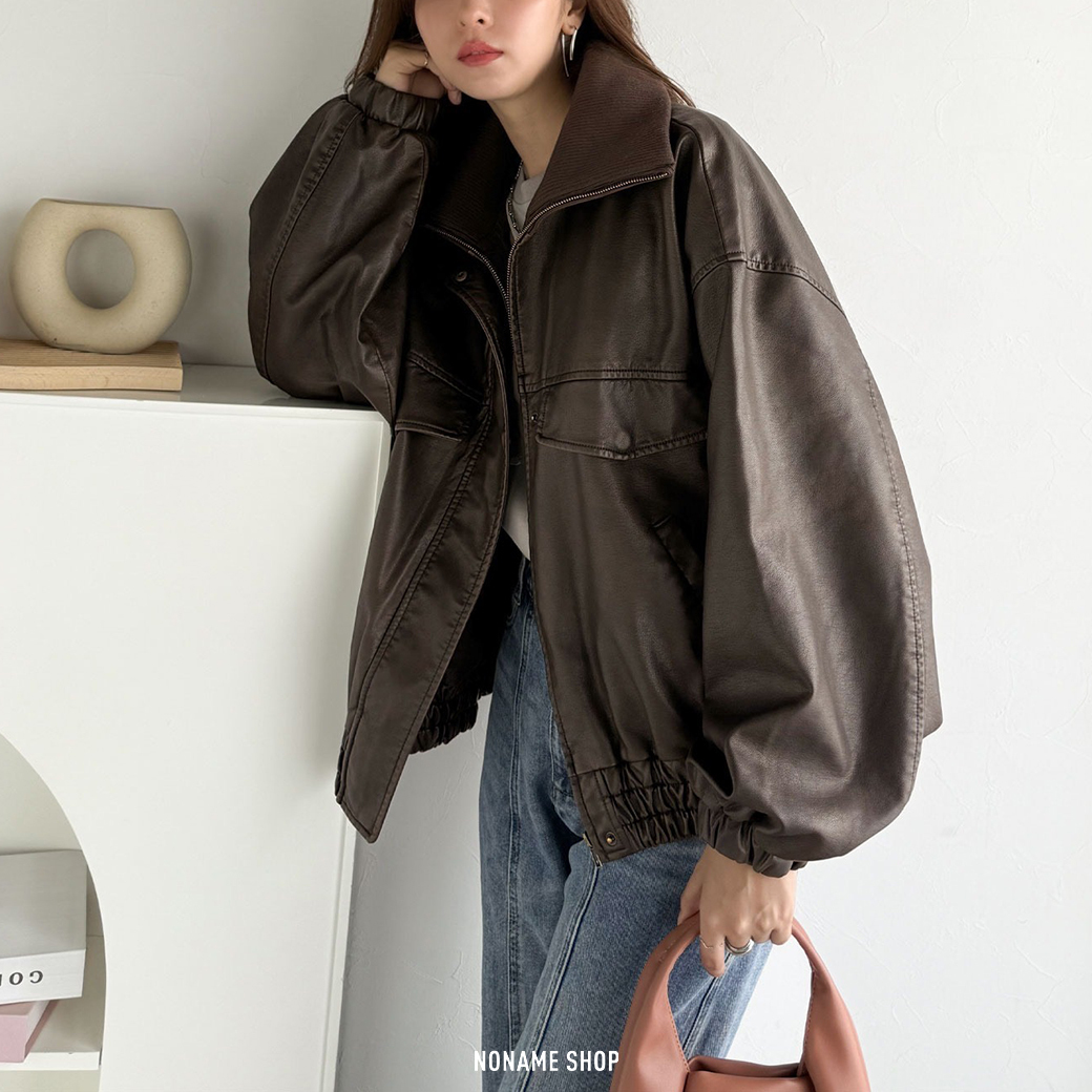 JAVA 復古 翻領 羅紋 寬鬆 刷舊 皮外套 皮衣 兩色 (女款)