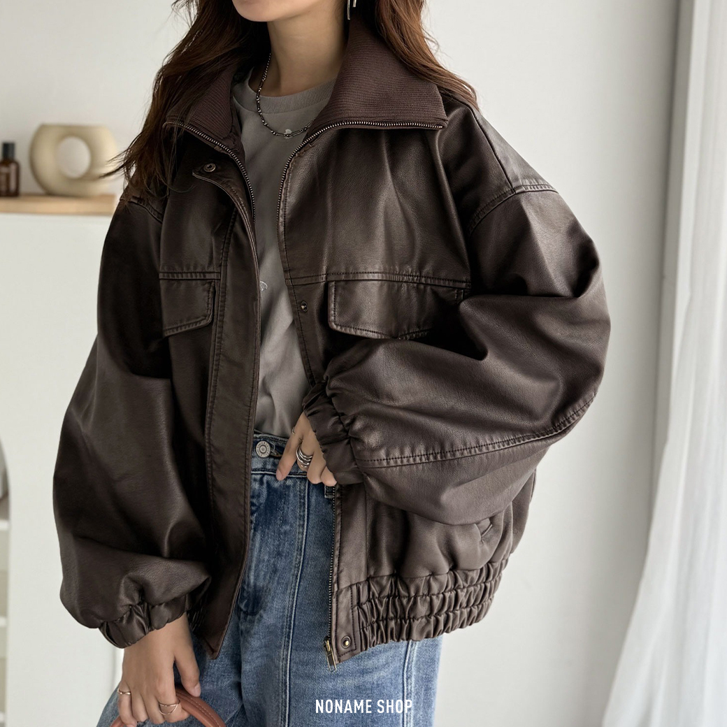 JAVA 復古 翻領 羅紋 寬鬆 刷舊 皮外套 皮衣 兩色 (女款)