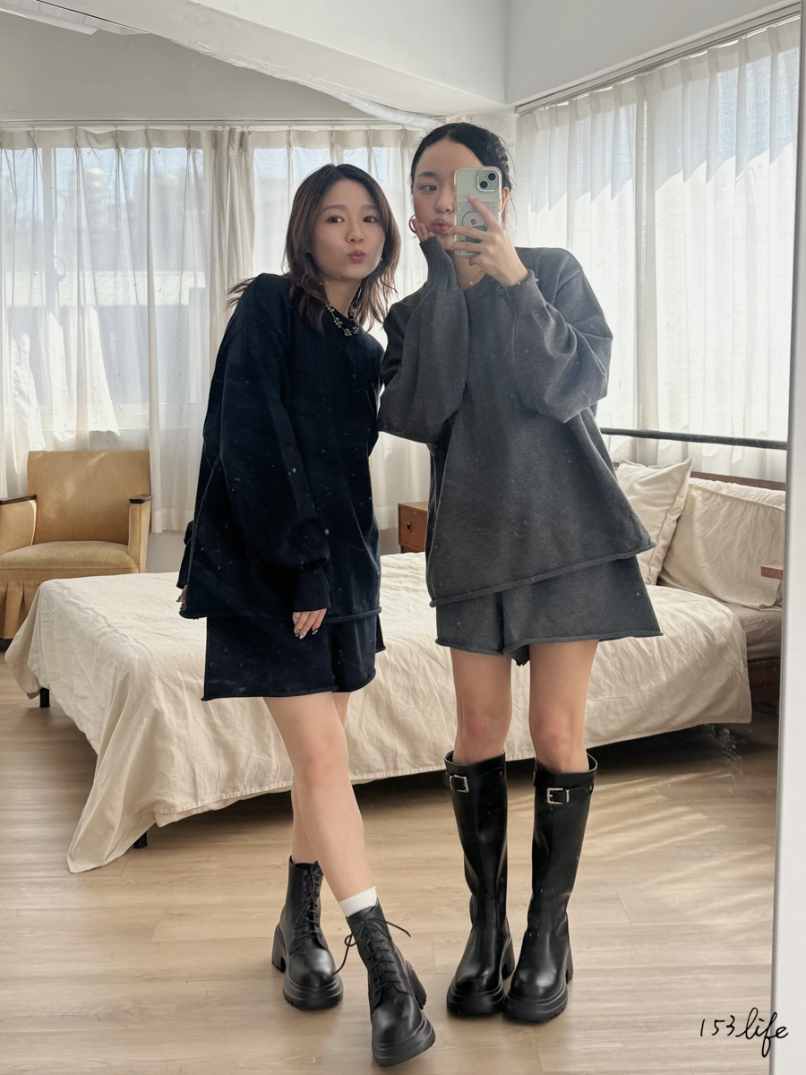 |現貨|細針織慵懶圓領上衣+抽繩短褲套裝(3色)