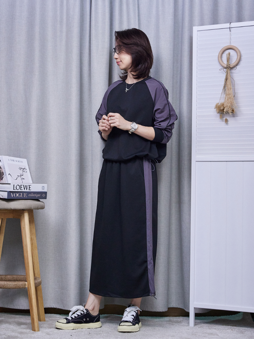 以俐落線條與雙拼色設計★韓系運動風長裙