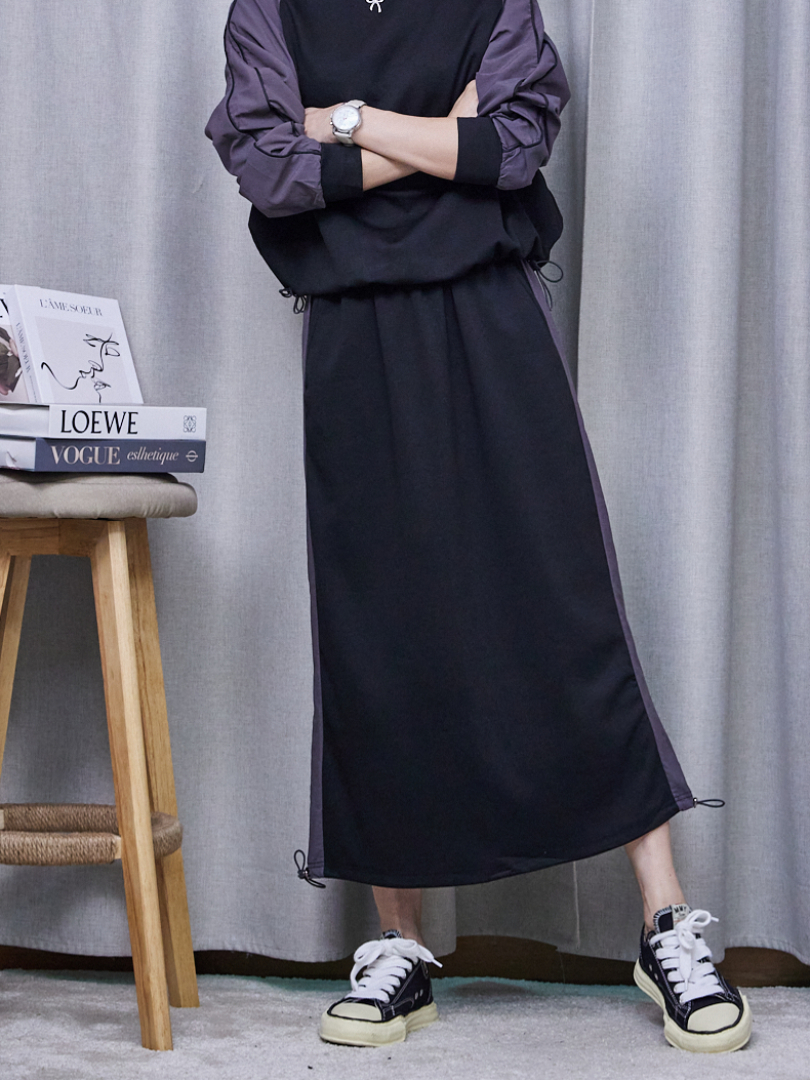 以俐落線條與雙拼色設計★韓系運動風長裙