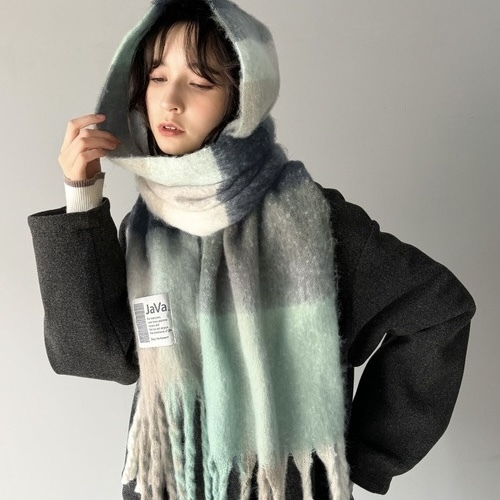 JAVA 仿羊毛 圍巾 披肩 格紋 素色 蓬鬆保暖 秋冬配件 代購 單品