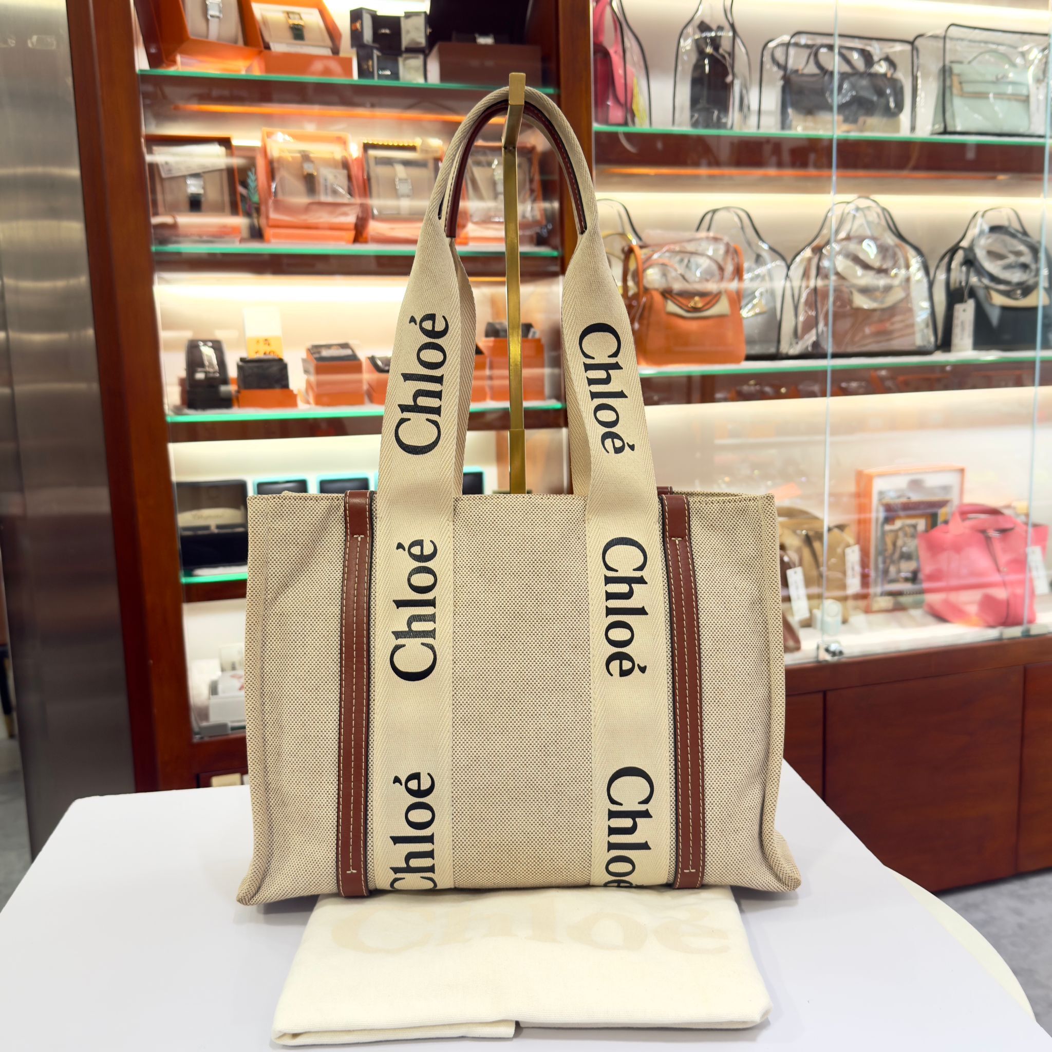 本週限時!!! 85%NEW二手CHLOE WOODY TOTE BAG 米色帆布 #兩年免費保養 #香榭站正品