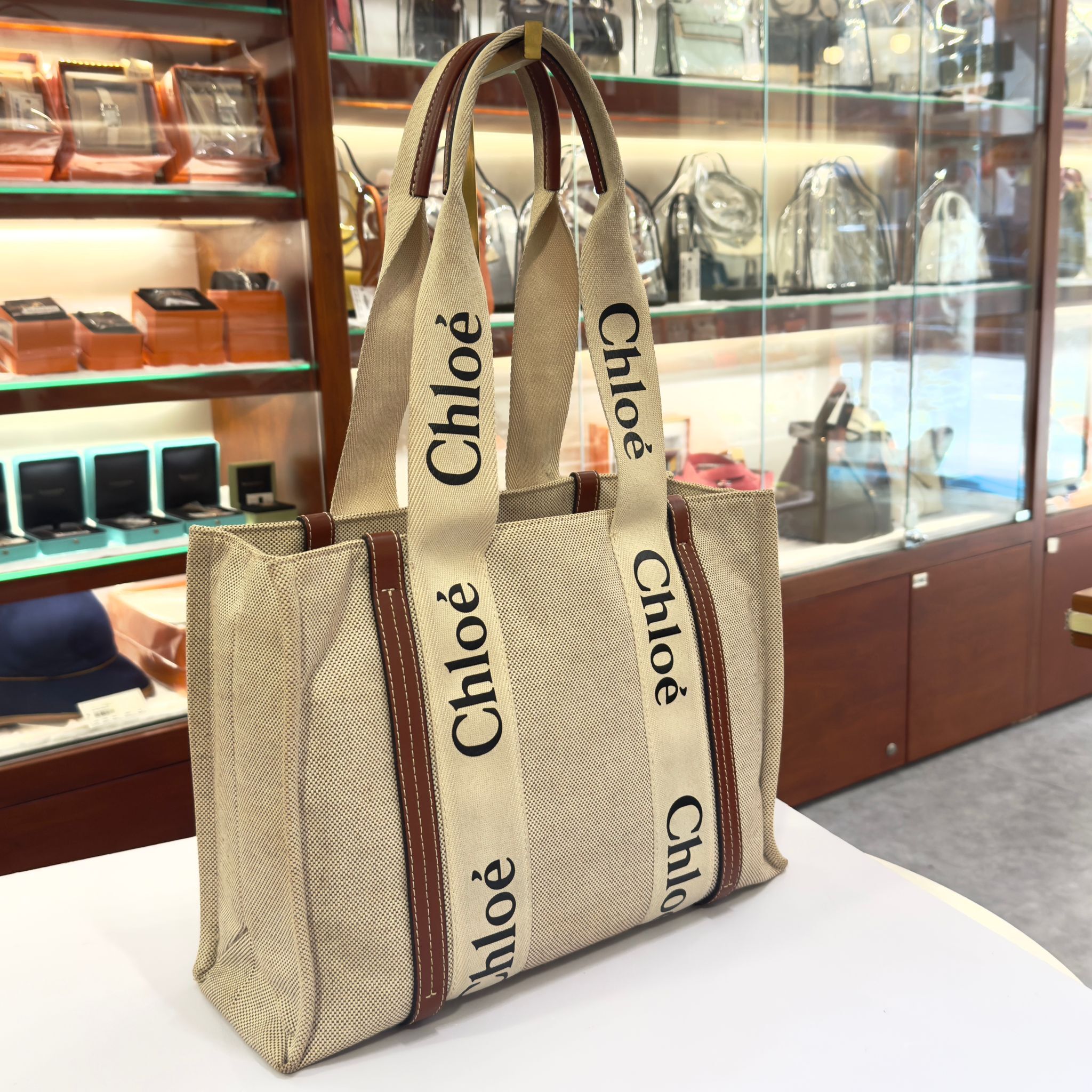 本週限時!!! 85%NEW二手CHLOE WOODY TOTE BAG 米色帆布 #兩年免費保養 #香榭站正品