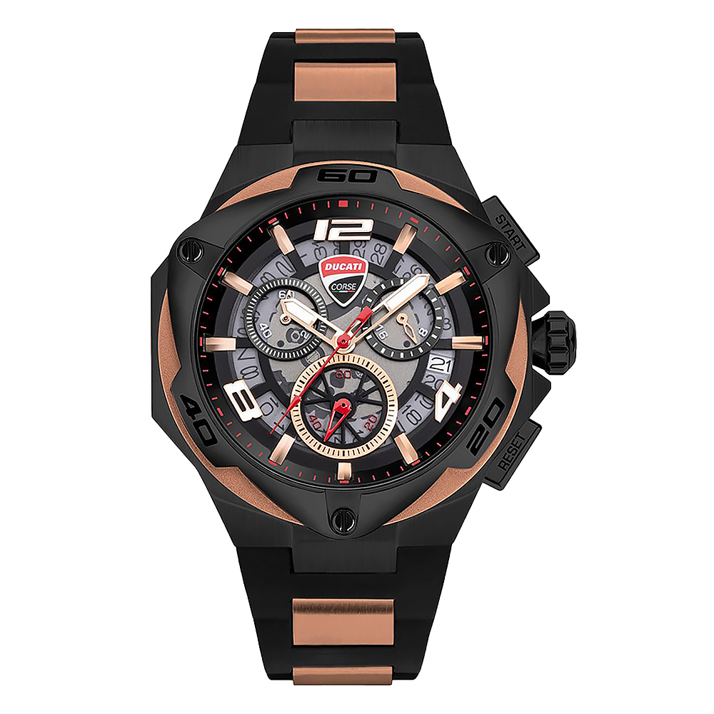 【Ducati 杜卡迪】DTWGC0000306 Motore馬達系列  日本機芯 計時三眼帶日期 防水100米 不鏽鋼+矽膠腕錶-