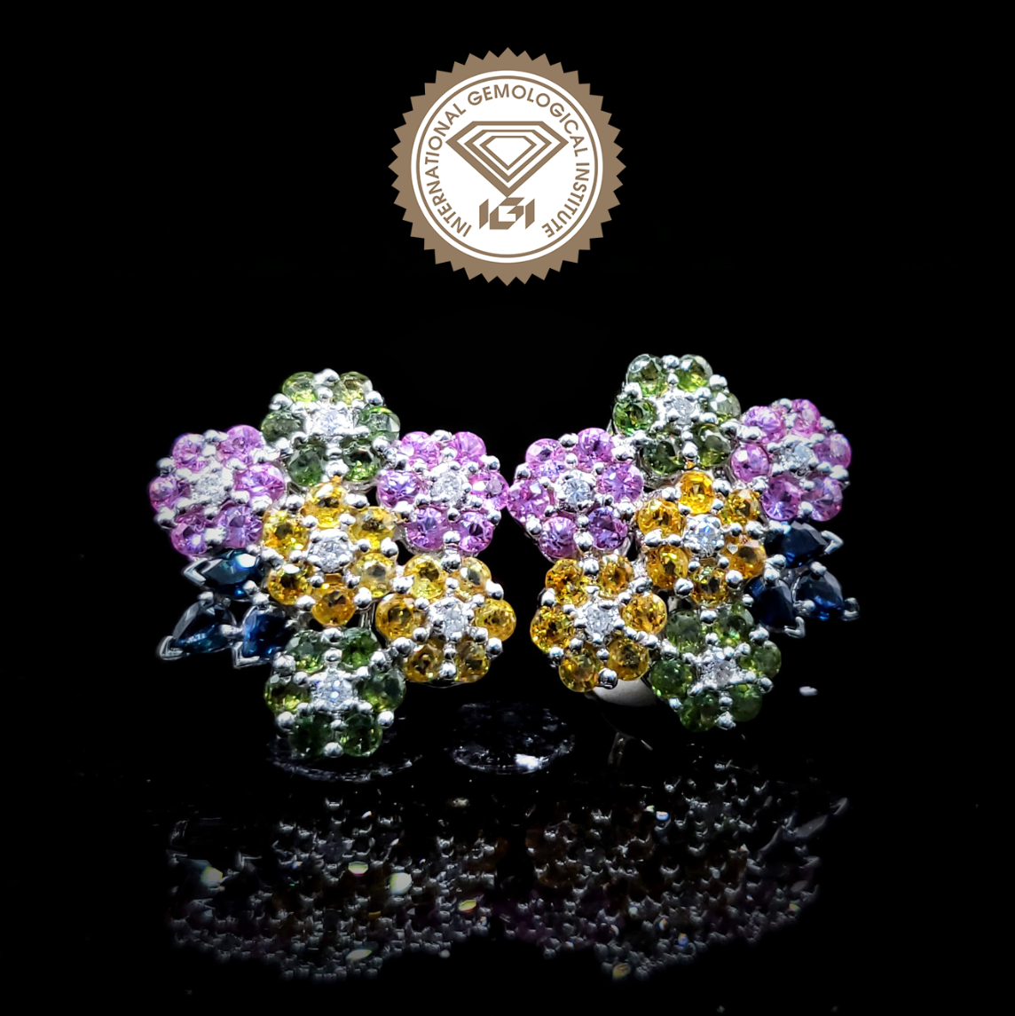 18K White Gold 8.34ct Multi-color Sapphire and Diamond Earrings