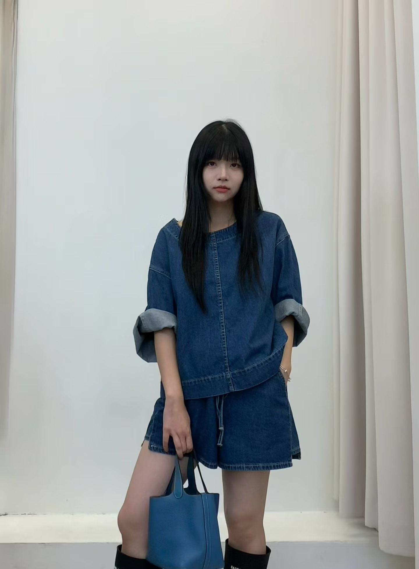 FP5107 9分袖微笑領水洗牛仔上衣