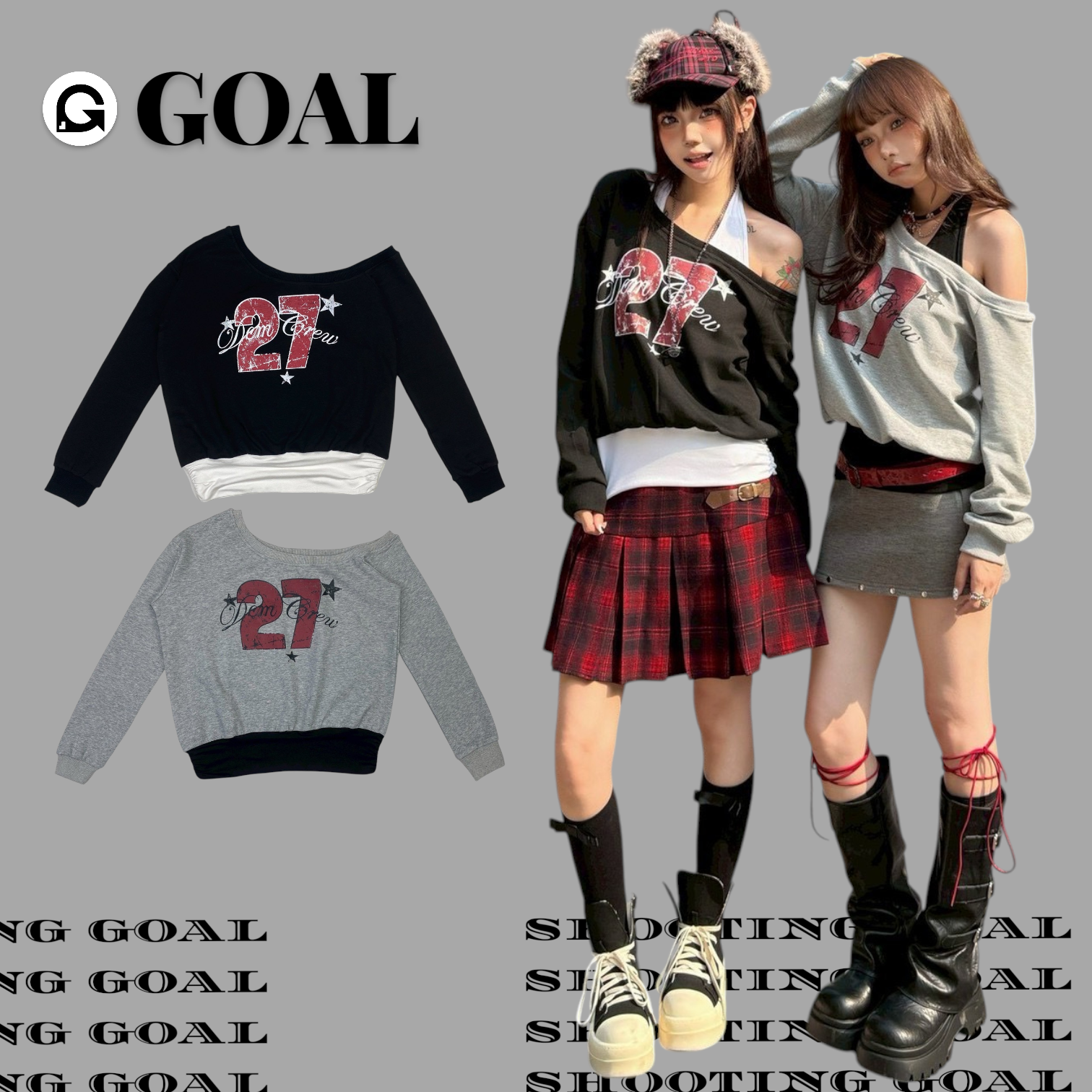 (GOAL) DCM美式學院風假兩件斜肩上衣