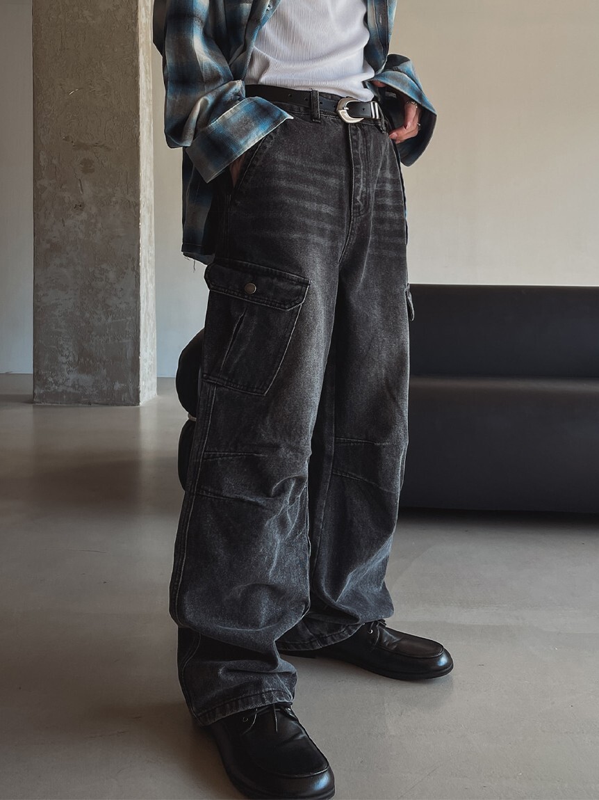 (韓國獨家特價)雙排褶工裝牛仔褲