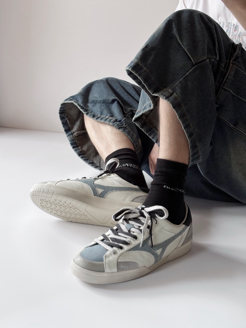 MIZUNO CT CLUB 仿舊丹寧 白藍 白黑 仿舊底 奶油底 刷舊 復古 薄底鞋 男女鞋 D1GH261002 / 預購