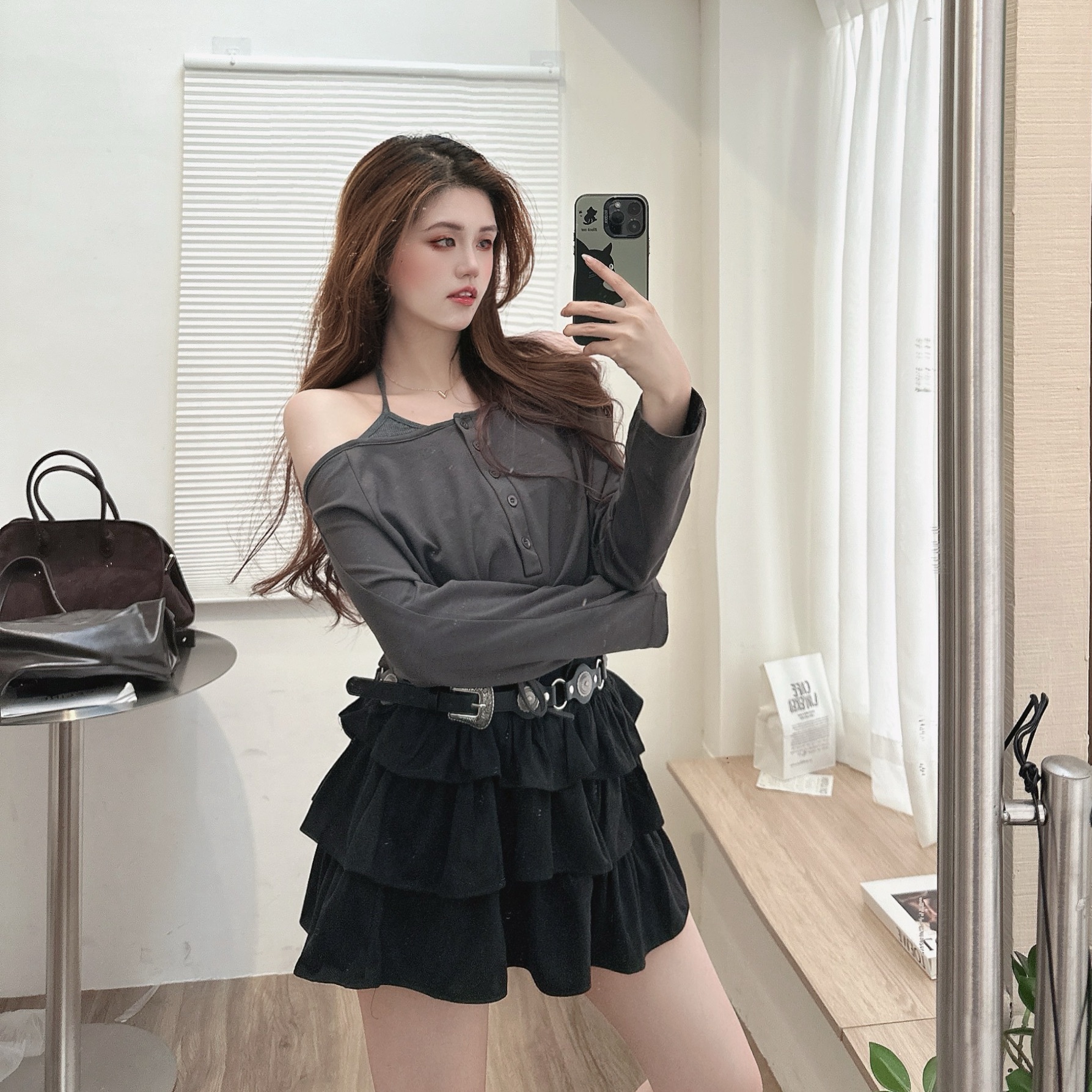 假兩件下縮口一字上衣/三色