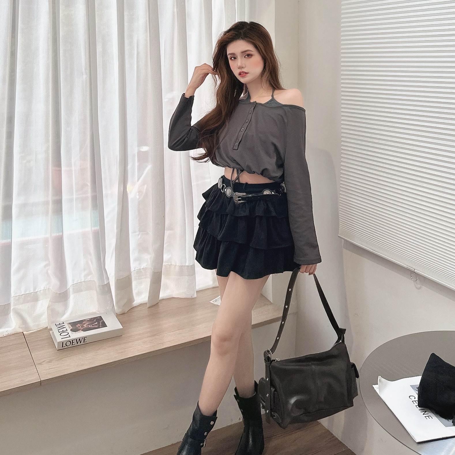 假兩件下縮口一字上衣/三色