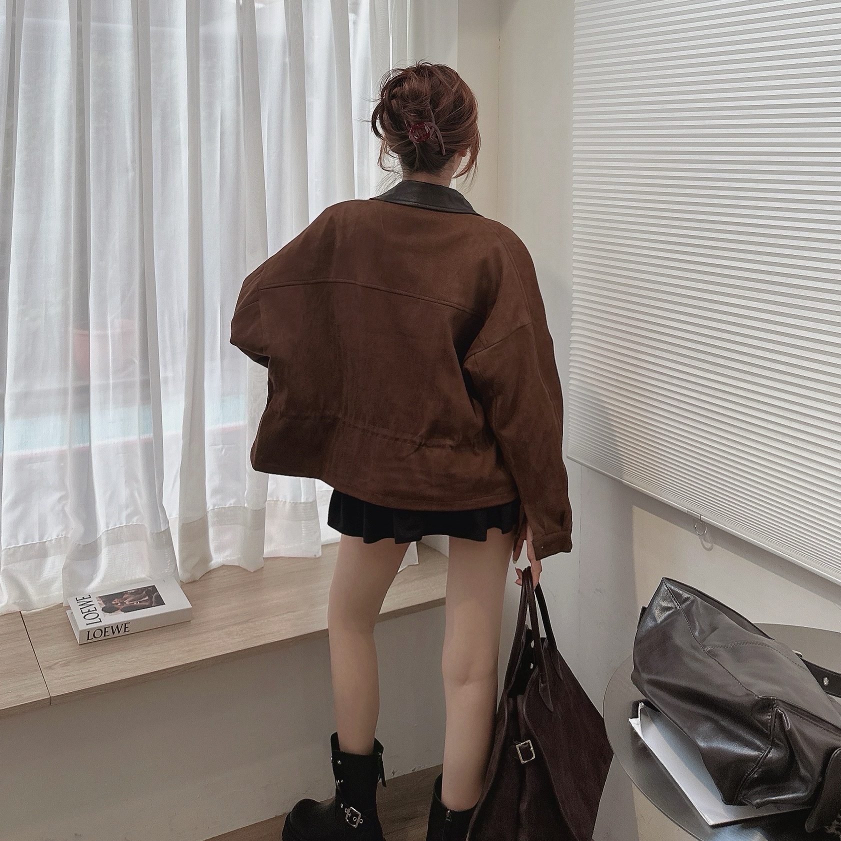 皮革翻領麂皮夾克外套/二色