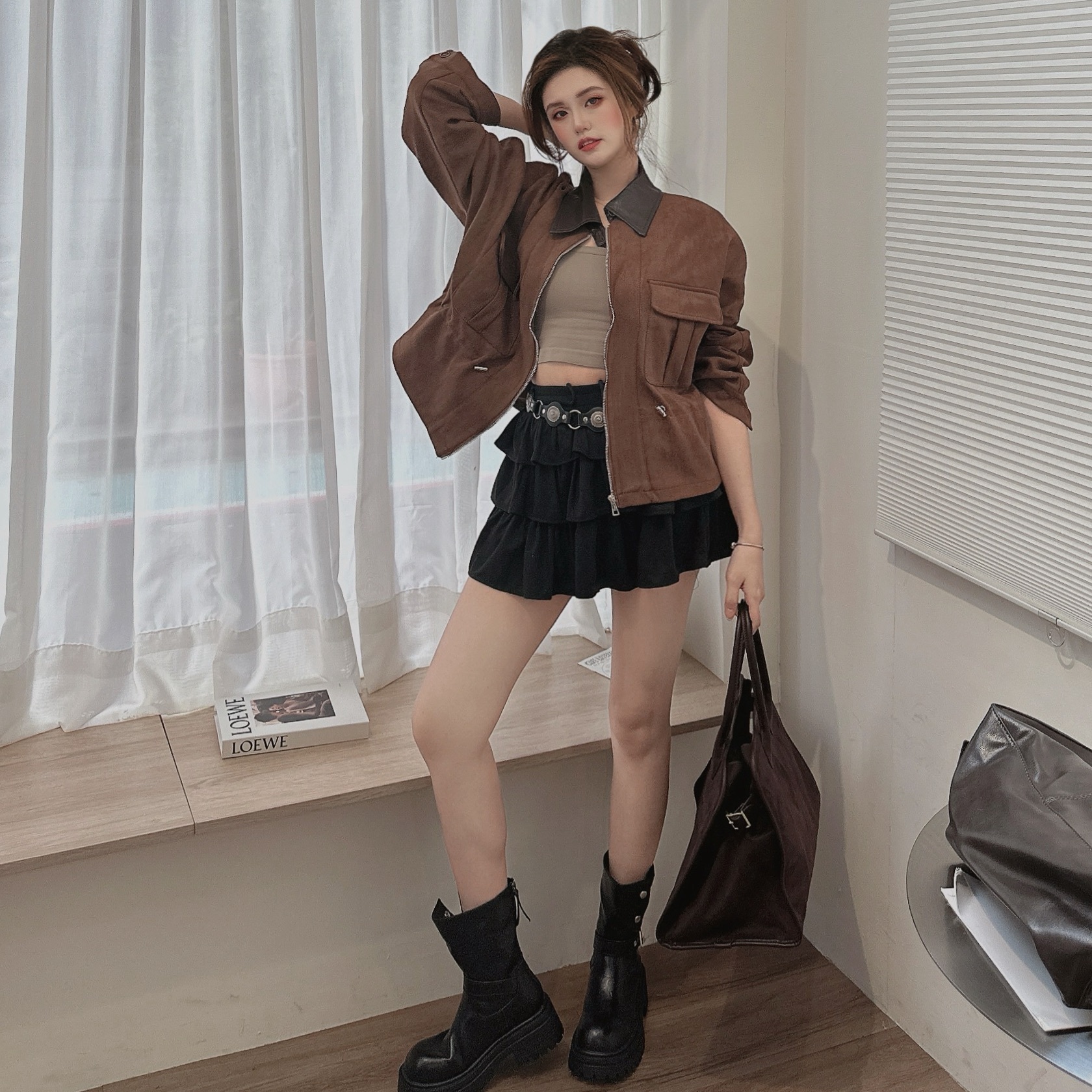 皮革翻領麂皮夾克外套/二色