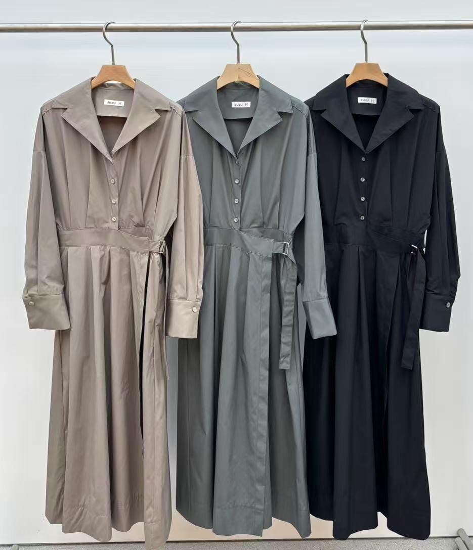 JU5104 反領排扣皮帶扣連身裙