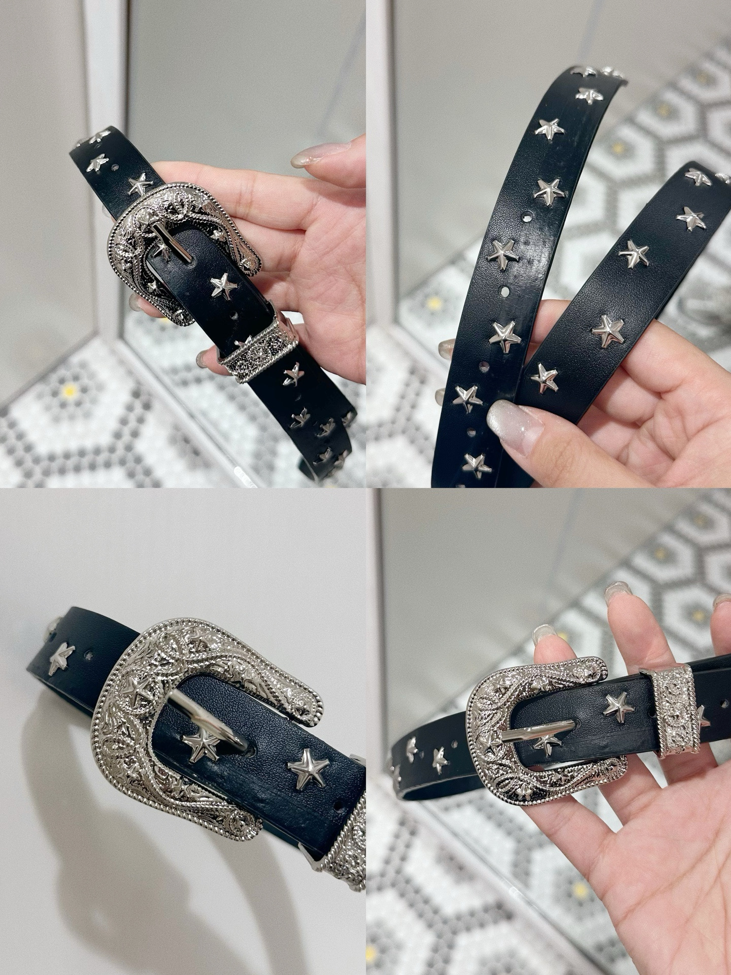 A0241｜個性型格感星星雕花銀扣皮帶