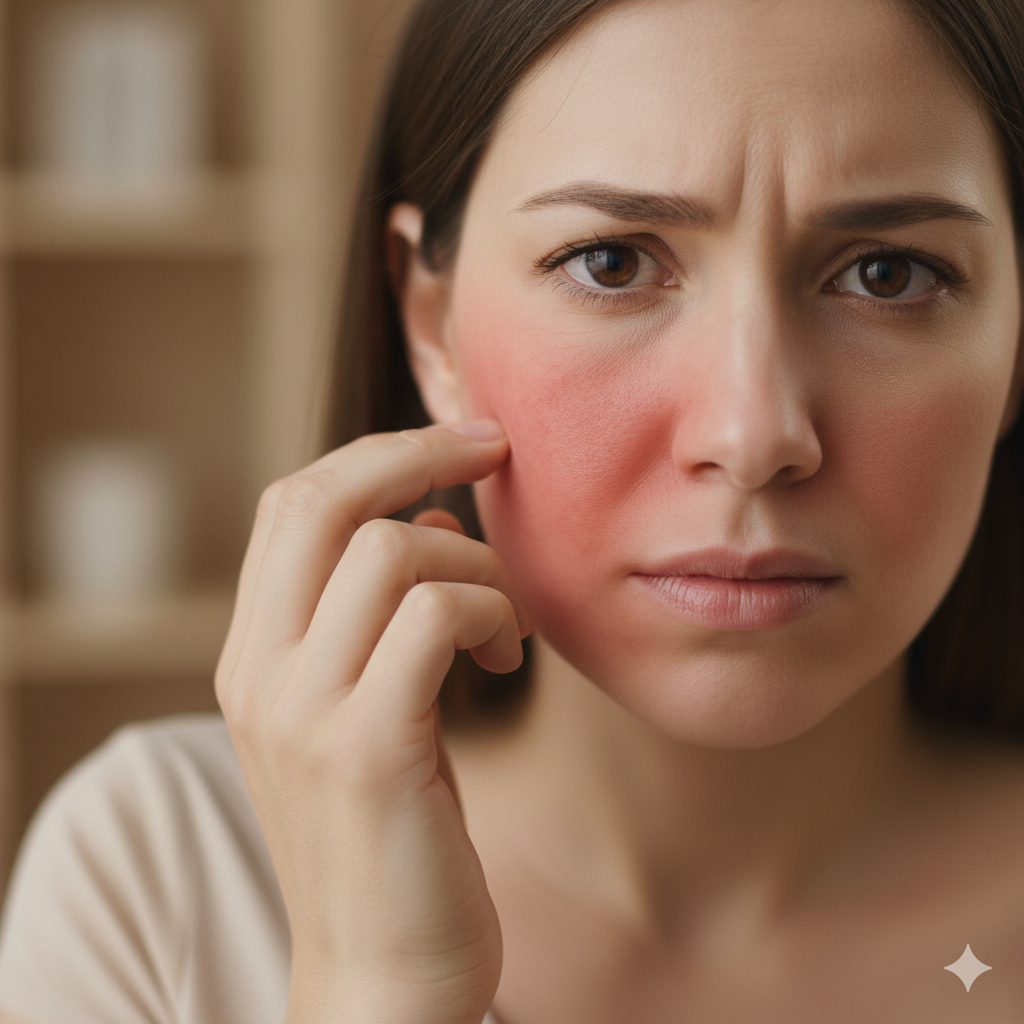 一位女性因為臉上肌膚發紅泛癢而困擾