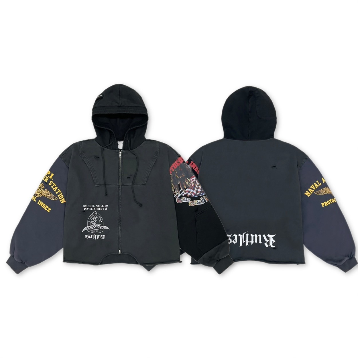 Protocol Index UPSIDE DOWN ZIP HOODIE - BLACK 拼接翻轉外套