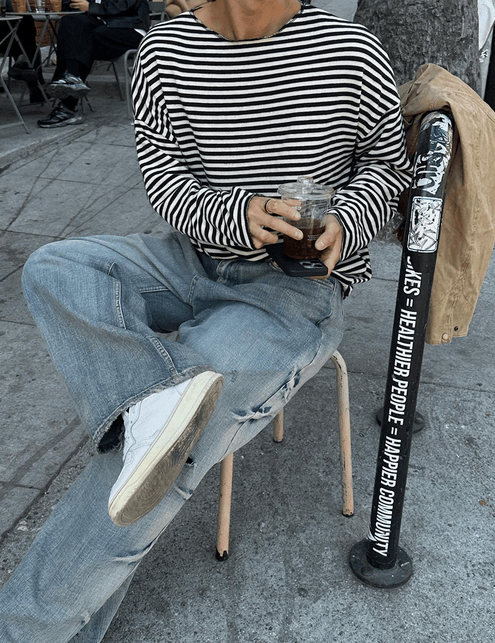 泡泡袖條紋針織衫