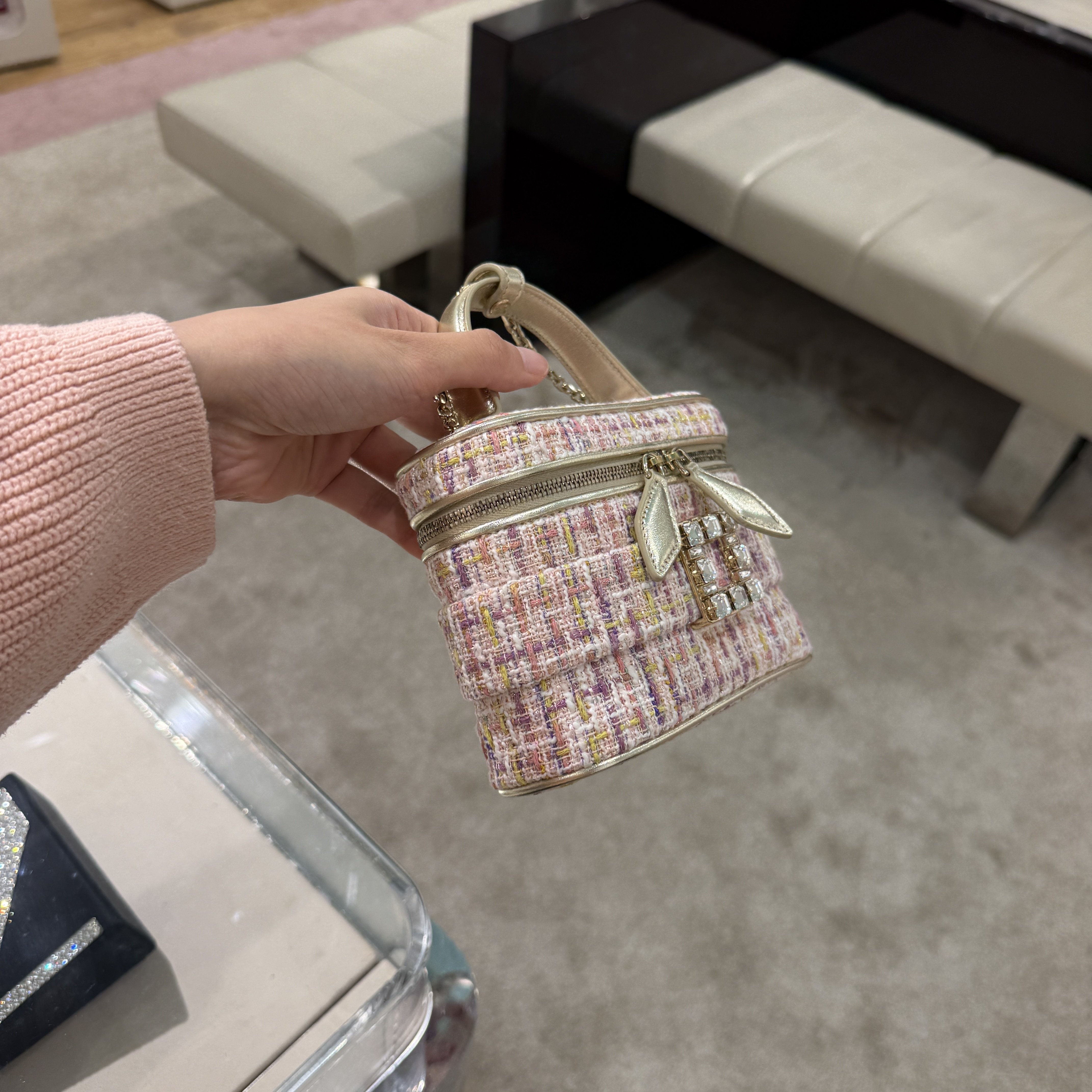 Roger Vivier RV tweed vanity case chain crossbody bag pink