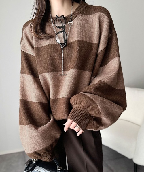 日本🇯🇵連線 JAVA 立體喇叭袖超大針織衫 男女可穿 寬鬆 oversized 條紋 針織 休閒 長袖 5色(任買兩件711免運)/預購