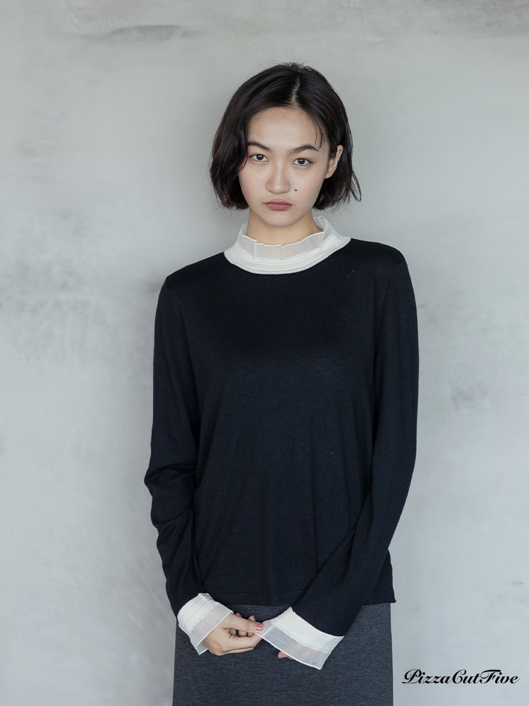 高領透紗拼接長袖上衣 PizzaCutFive PCF253403053