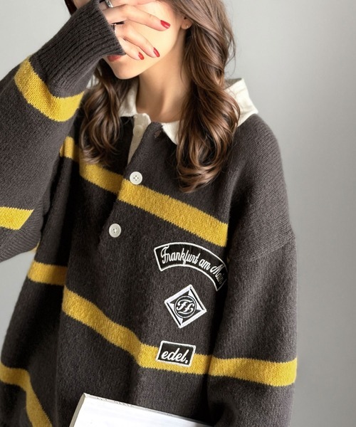 日本🇯🇵連線 JAVA 學院風帶領條紋針織衫 男女可穿 復古 徽章拼貼 學院風 寬鬆 條紋 針織 長袖 套頭衫 4色(任買兩件711免運)/預購