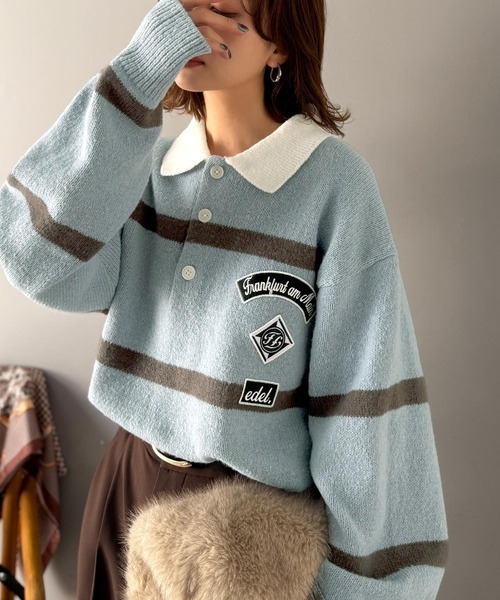 日本🇯🇵連線 JAVA 學院風帶領條紋針織衫 男女可穿 復古 徽章拼貼 學院風 寬鬆 條紋 針織 長袖 套頭衫 4色(任買兩件711免運)/預購