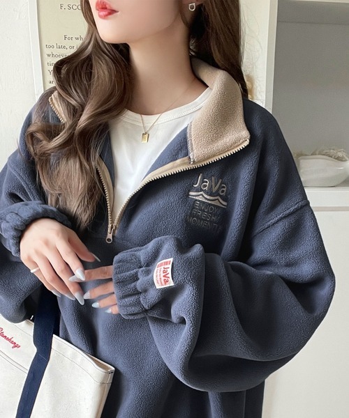 日本🇯🇵連線 JAVA 蓬鬆復古運動風半拉鍊套頭衫 抓絨設計 寬鬆 套頭衫 刺繡 長袖 保暖 運動衫 5色(任買兩件711免運)/預購