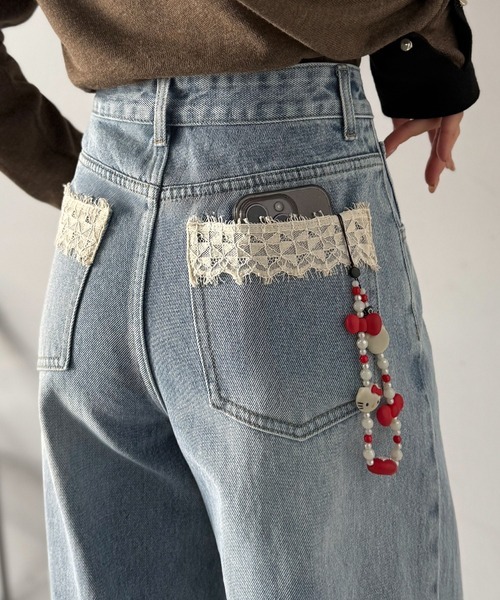 日本🇯🇵連線 Mily Bilet 後口袋蕾絲不對稱褲頭牛仔寬褲 蕾絲 寬褲 牛仔褲 落地褲 長褲 直筒褲 2色(任買兩件711免運)/預購