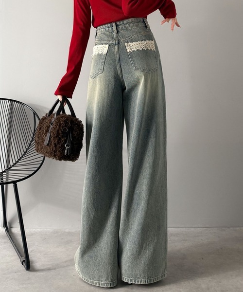 日本🇯🇵連線 Mily Bilet 後口袋蕾絲不對稱褲頭牛仔寬褲 蕾絲 寬褲 牛仔褲 落地褲 長褲 直筒褲 2色(任買兩件711免運)/預購