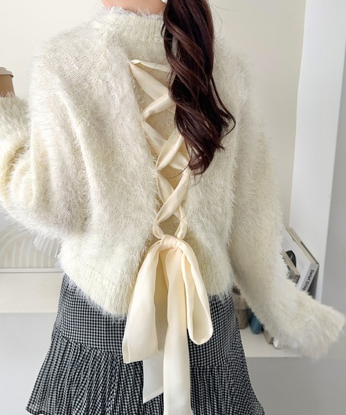 日本🇯🇵連線 Mily Bilet 後緞帶領子蕾絲分層針織衫 背部緞帶設計 衣領蕾絲 多層次 針織 短版 套頭衫 長袖 3色(任買兩件711免運)/預購