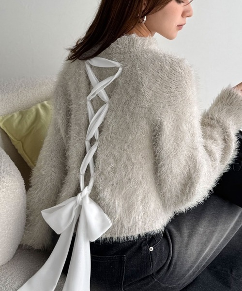 日本🇯🇵連線 Mily Bilet 後緞帶領子蕾絲分層針織衫 背部緞帶設計 衣領蕾絲 多層次 針織 短版 套頭衫 長袖 3色(任買兩件711免運)/預購