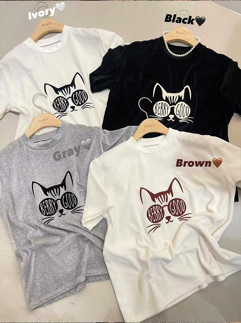 Oct5110 自留款 酷跩墨鏡貓咪厚磅絨棉短Tee