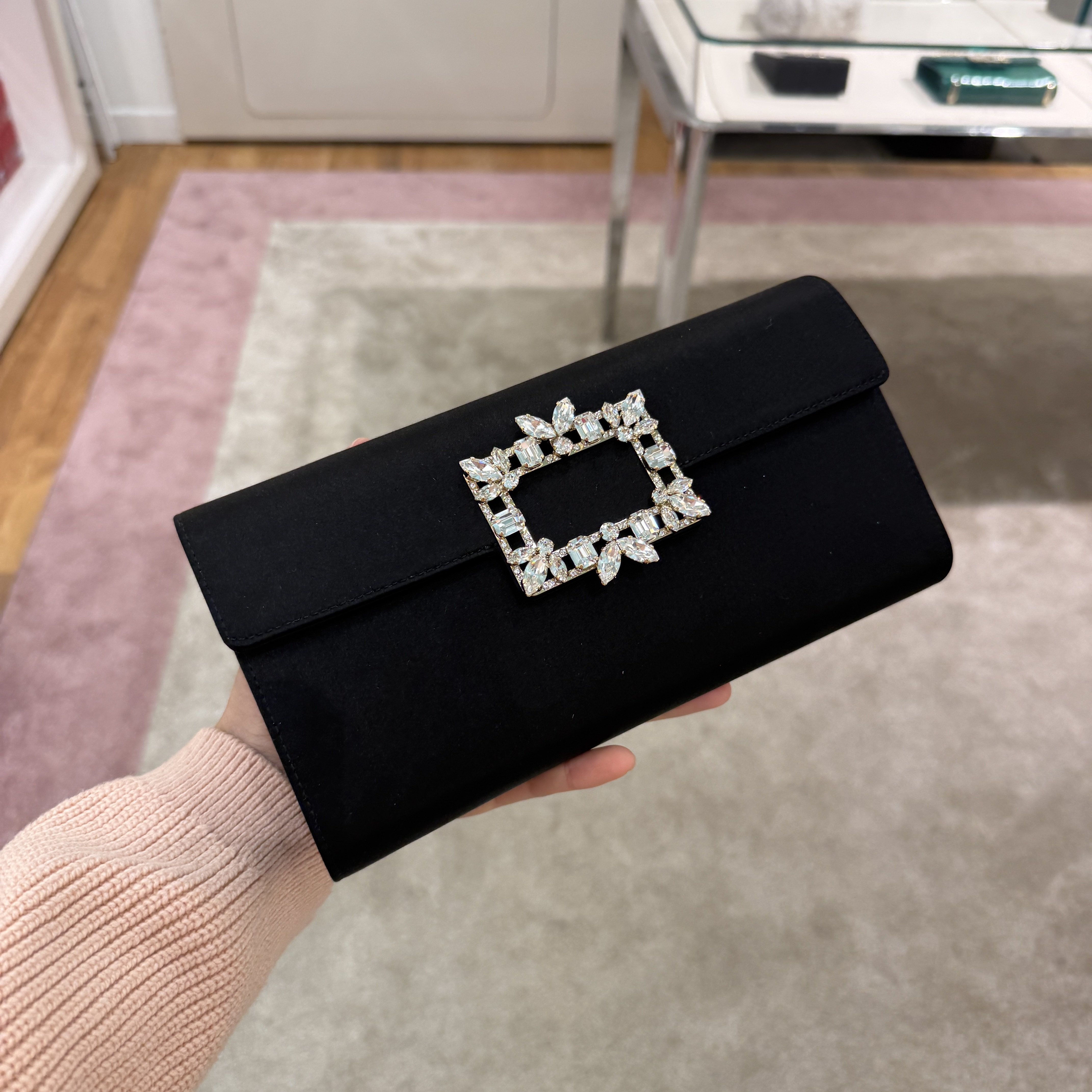 Roger Vivier RV Bags Broche Envelope Flap satin Clutch Chain bag black