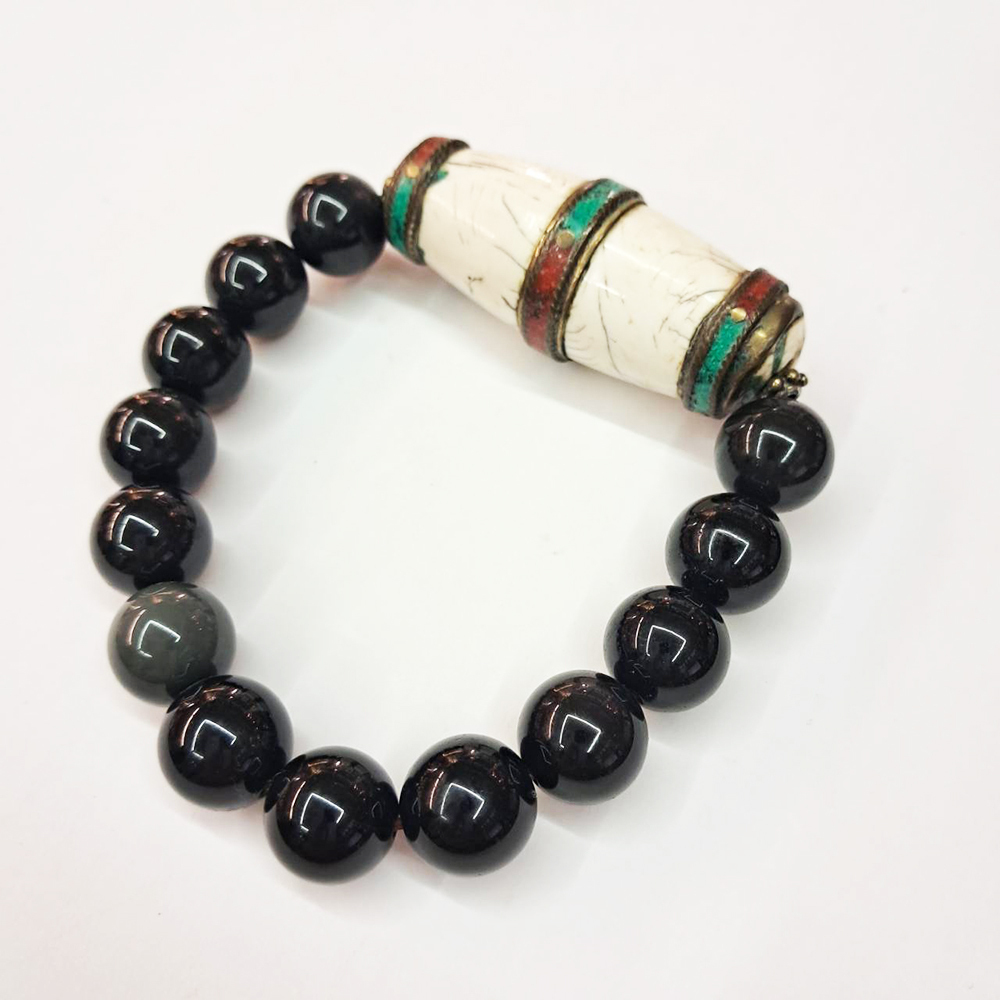 老硨磲{天珠}&黑曜岩手珠13mm【十方】121899