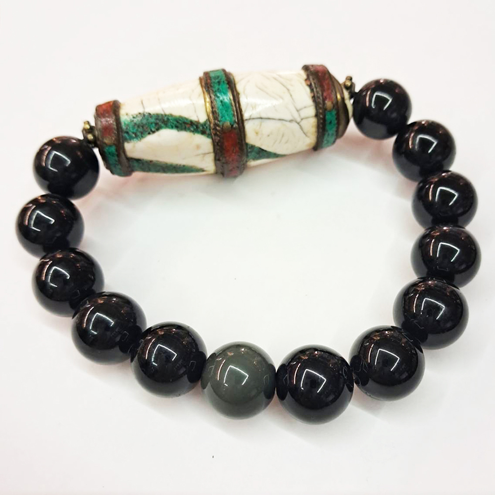 老硨磲{天珠}&黑曜岩手珠13mm【十方】121899