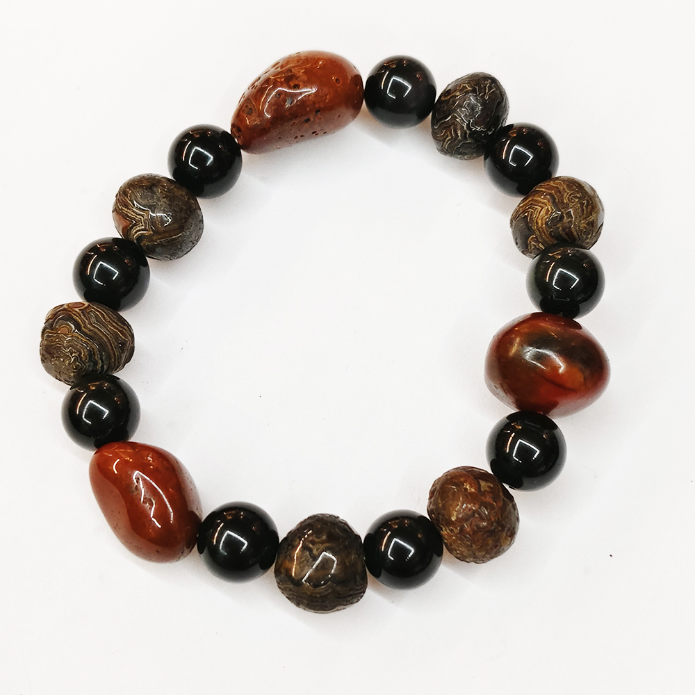 紅玉髓&黑曜石&老礦藥師珠手珠12mm【十方】153525